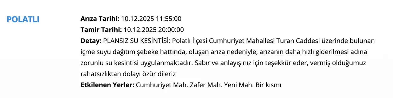 Ankara su kesintisi 10 Aralık! Sular ne zaman, saat kaçta gelecek? Polatlı, Pursaklar, Keçiören...