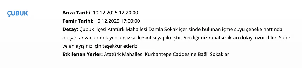 Ankara su kesintisi 10 Aralık! Sular ne zaman, saat kaçta gelecek? Polatlı, Pursaklar, Keçiören...