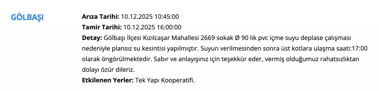 Ankara su kesintisi 10 Aralık! Sular ne zaman, saat kaçta gelecek? Polatlı, Pursaklar, Keçiören...