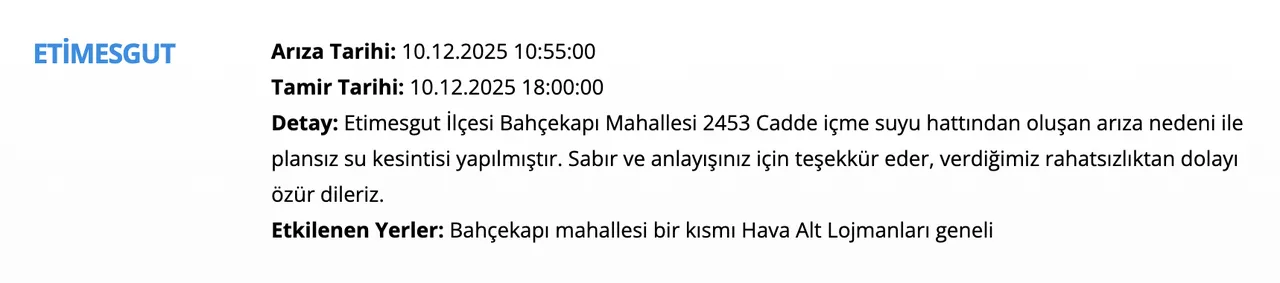 Ankara su kesintisi 10 Aralık! Sular ne zaman, saat kaçta gelecek? Polatlı, Pursaklar, Keçiören...