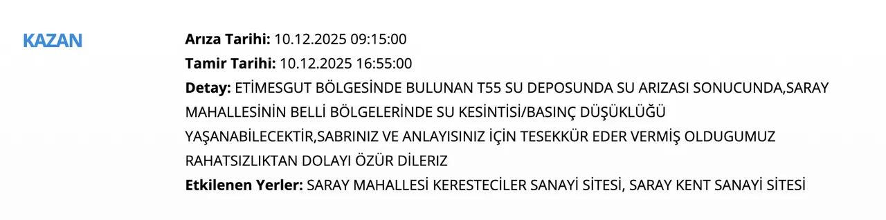 Ankara su kesintisi 10 Aralık! Sular ne zaman, saat kaçta gelecek? Polatlı, Pursaklar, Keçiören...