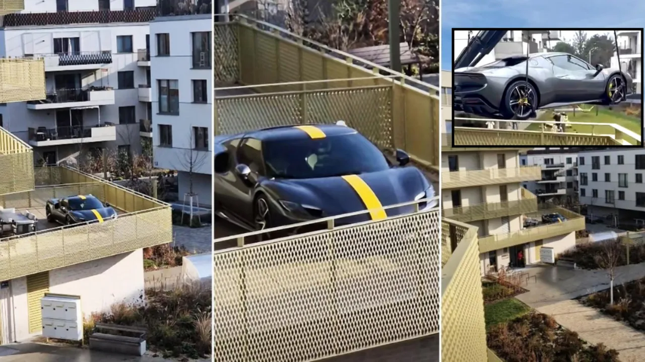 Ferrari havada sallandı! Genç milyoner lüks aracını balkona park etti