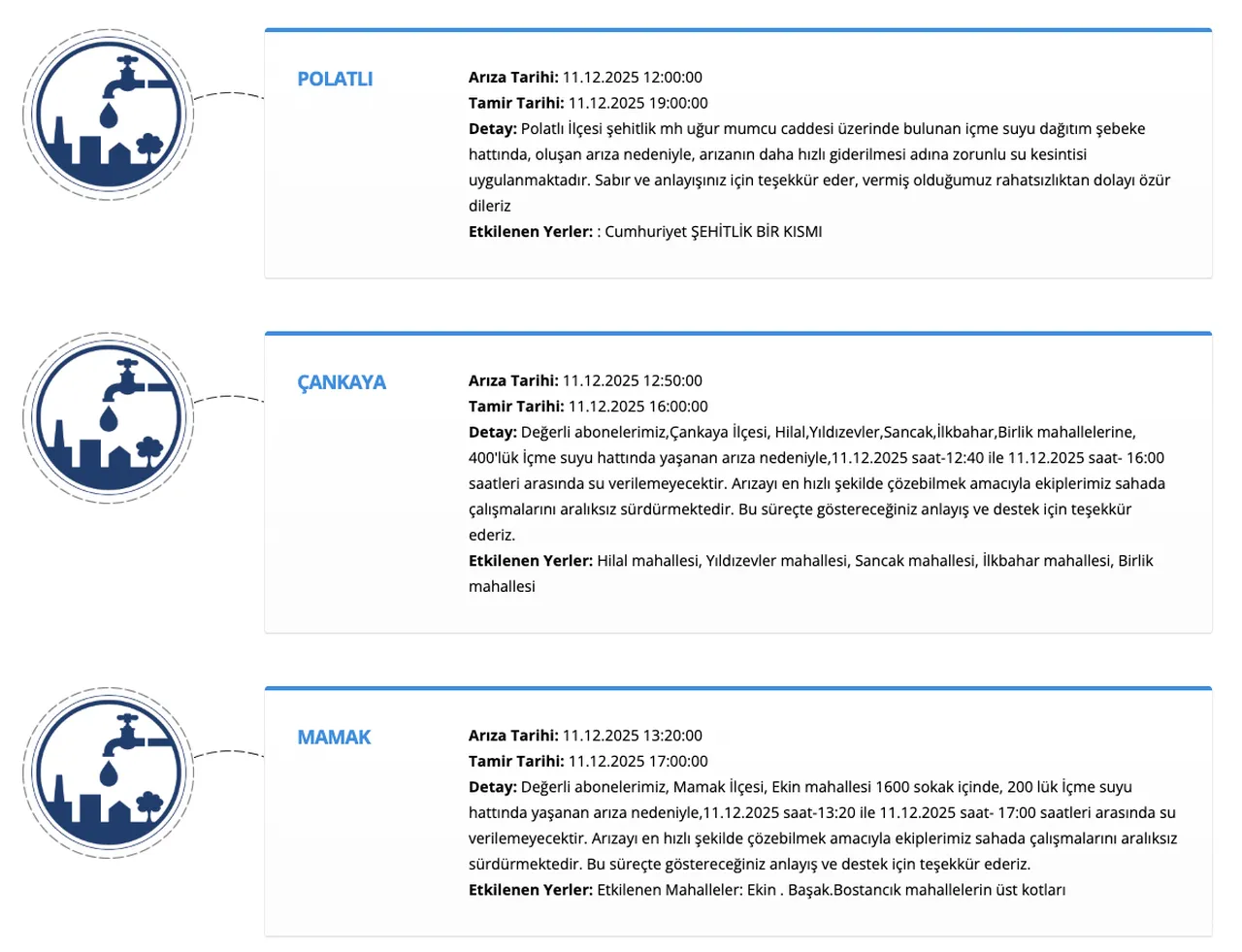 ASKİ su kesintisi 11 Aralık duyurusu! Etimesgut, Mamak, Çankaya ve Polatlı planlı kesinti ne zaman bitecek?