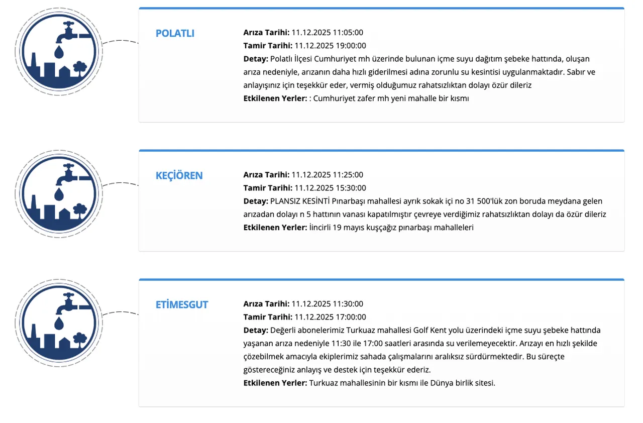 ASKİ su kesintisi 11 Aralık duyurusu! Etimesgut, Mamak, Çankaya ve Polatlı planlı kesinti ne zaman bitecek?