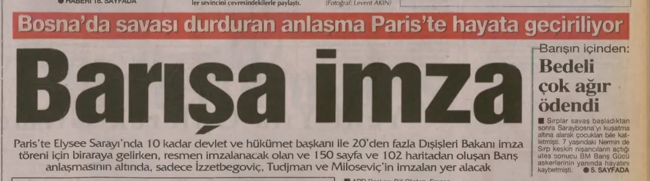 14 Aralık 1995 Dayton Anlaşması haberi - Türkiye gazetesi