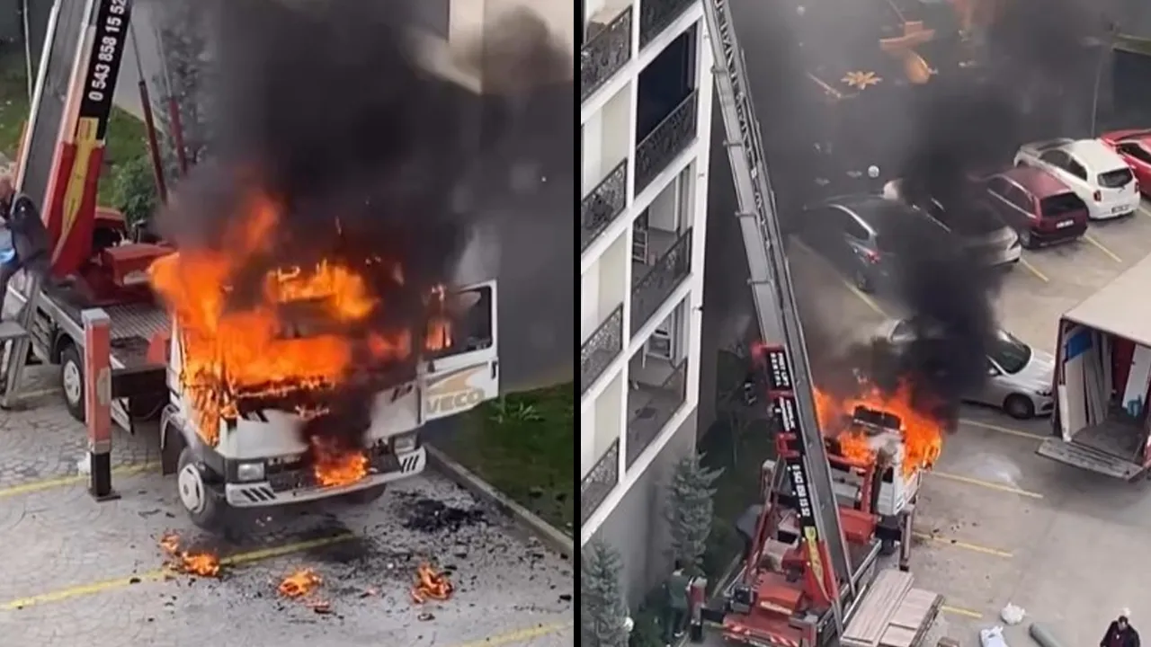 Sitede korkutan olay! Eşya taşıyan vinç bir anda alev topuna döndü