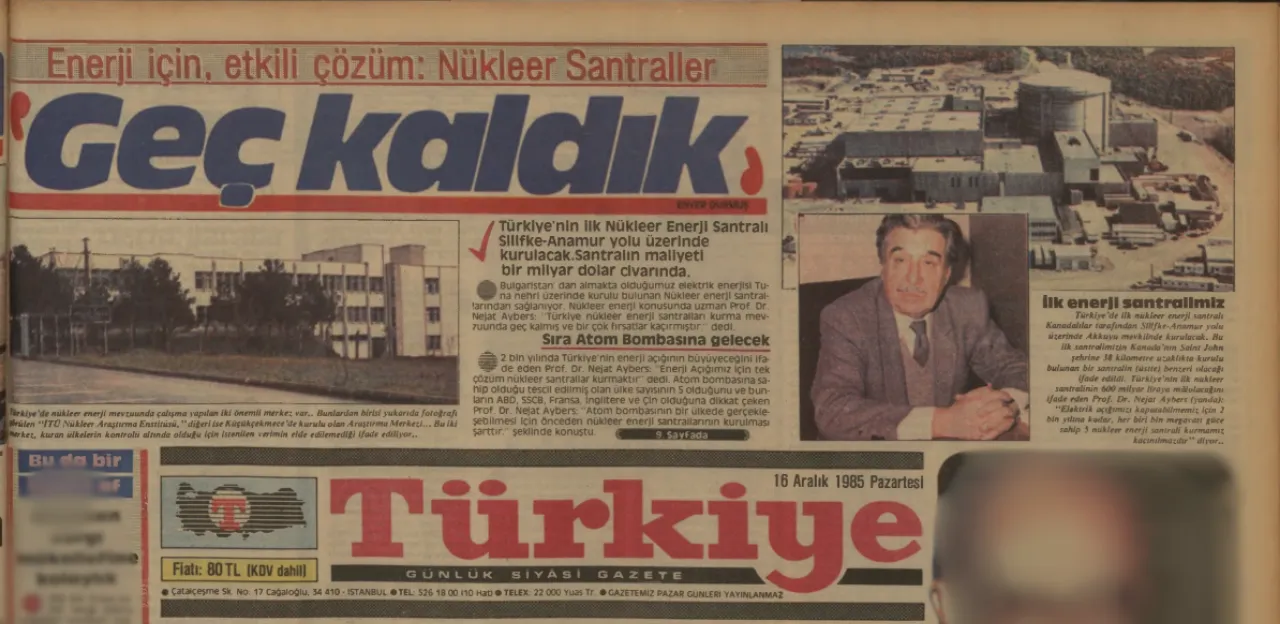 16 Aralık 1985 tarihli Türkiye gazetesi sürmanşet