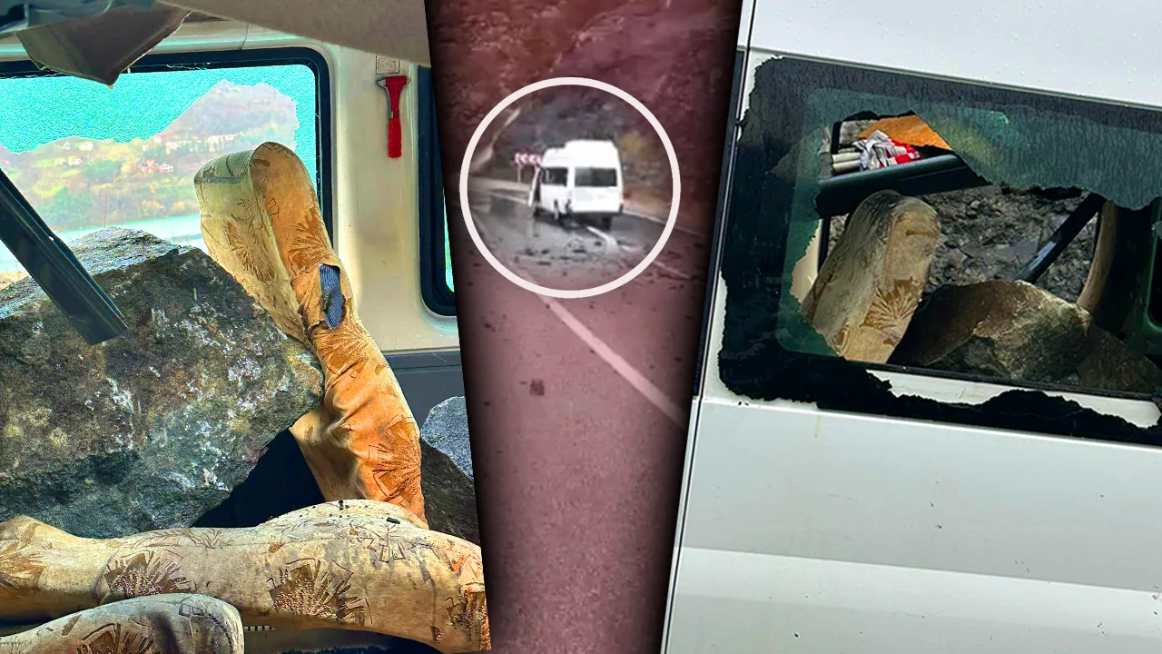 Artvin’de düşen dev kayalar minibüsü parçaladı, 3 kişi ölümden döndü 
