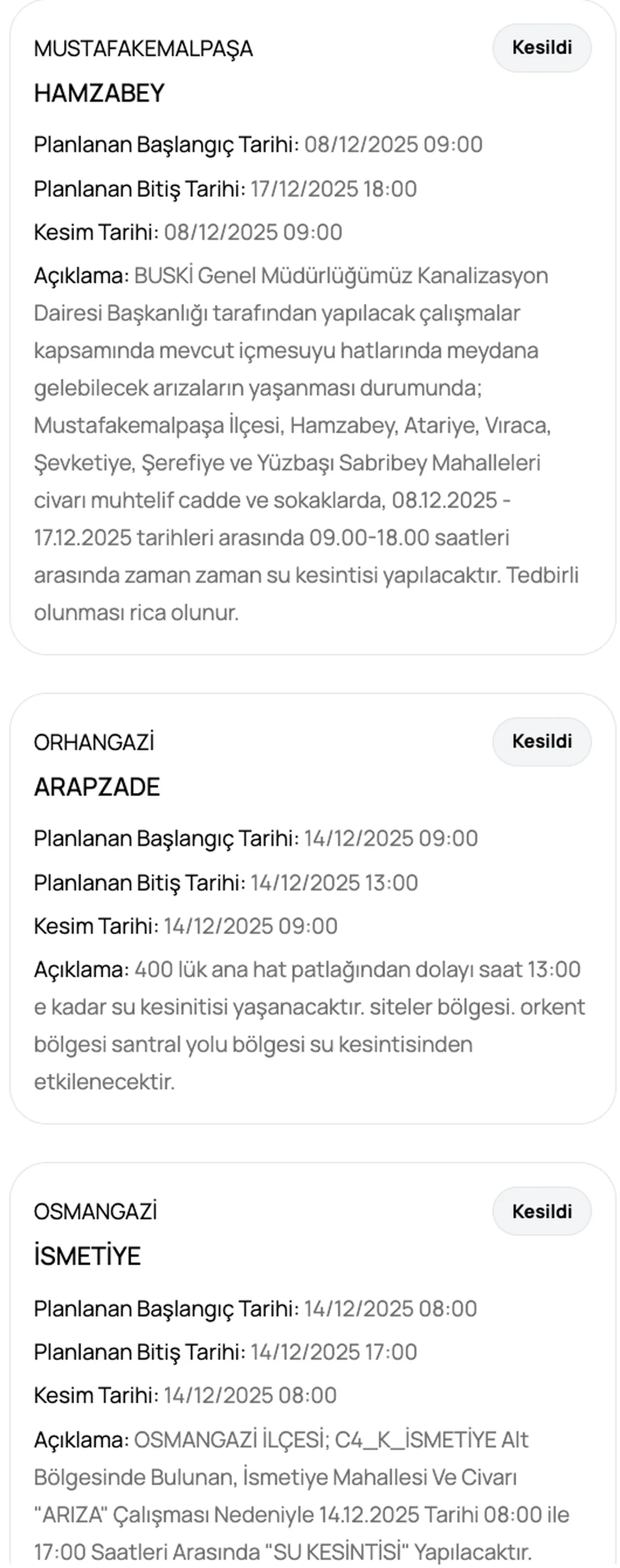 BUSKİ su kesintisi sorgulama ekranı! 14 Aralık Bursada sular saat kaçta gelecek? İnegöl, Mustafakemalpaşa, Orhangazi...
