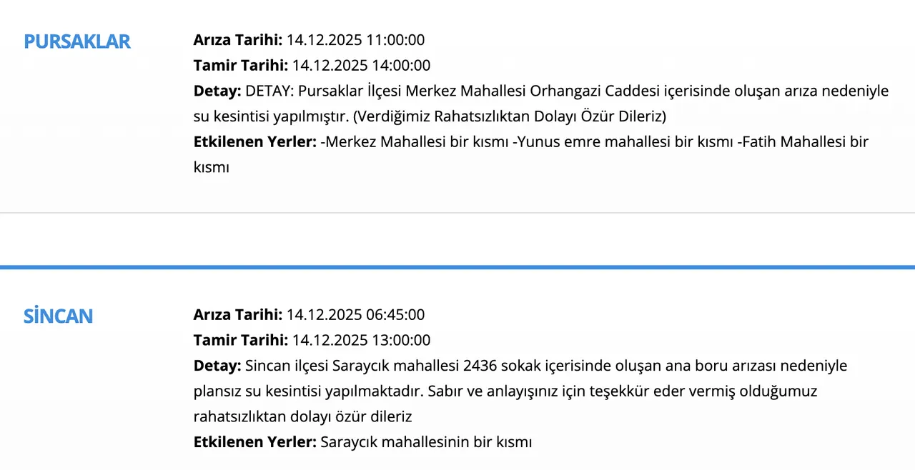 Pursaklar su kesintisi! Ankarada sular ne zaman gelecek? 14 Aralık ASKİ su kesinti listesini paylaştı