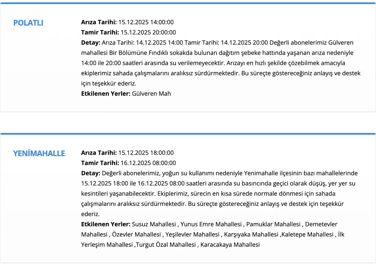 Ankarada su kesintisi ne zaman bitecek? ASKİ su kesintisi sorgulama ekranı