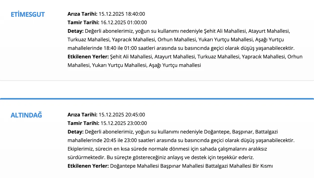 Ankarada su kesintisi ne zaman bitecek? ASKİ su kesintisi sorgulama ekranı