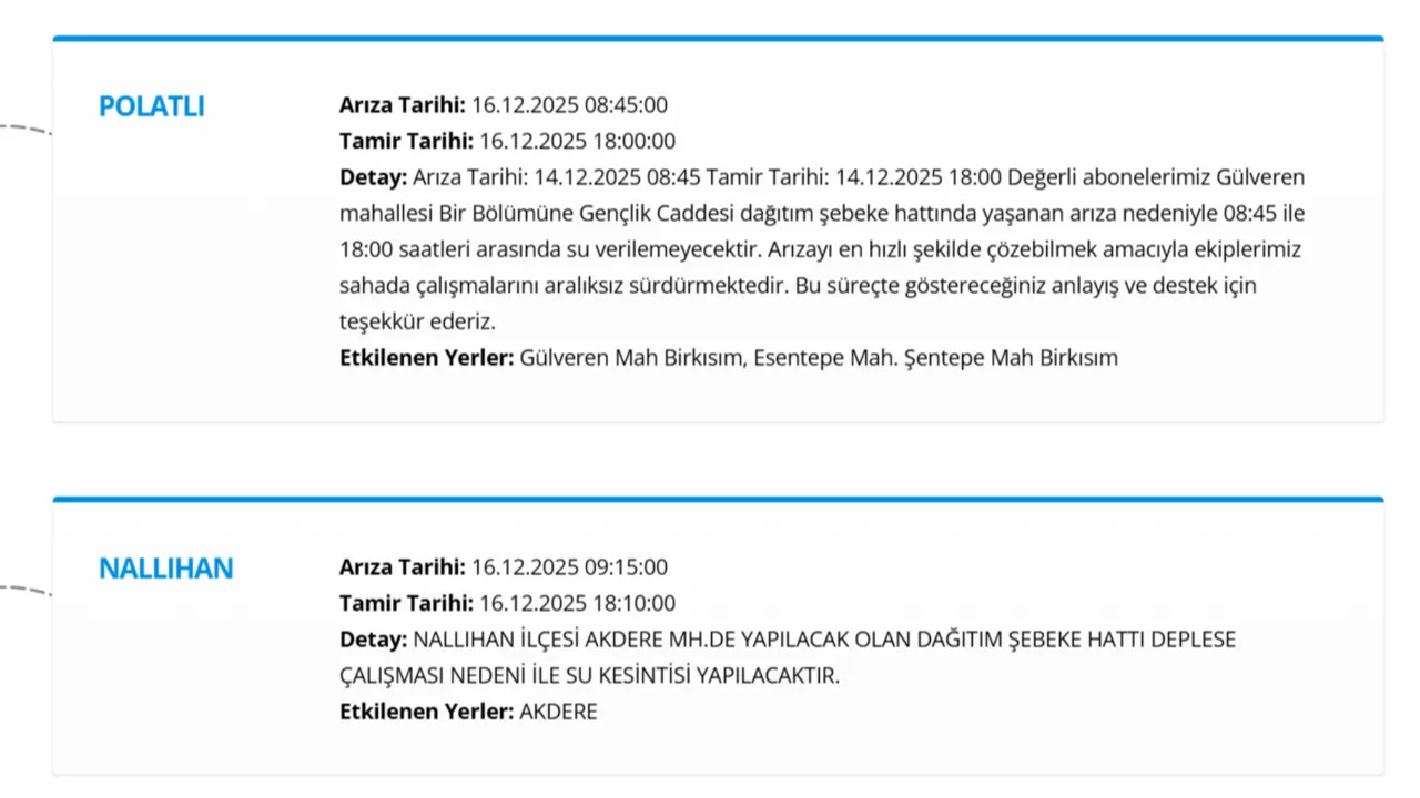 Ankara'da (Sincan, Akyurt, Polatlı, Nallıhan) sular ne zaman gelecek? ASKİ kesinti programı
