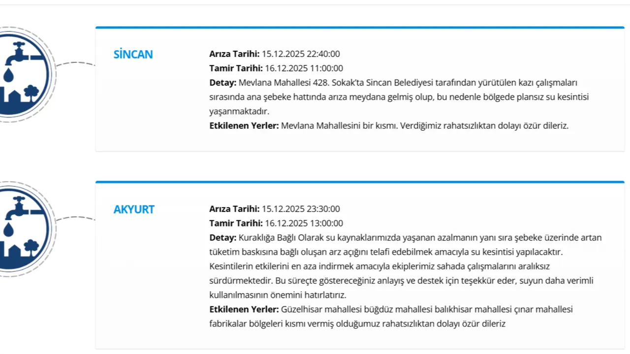 Ankara'da (Sincan, Akyurt, Polatlı, Nallıhan) sular ne zaman gelecek? ASKİ kesinti programı