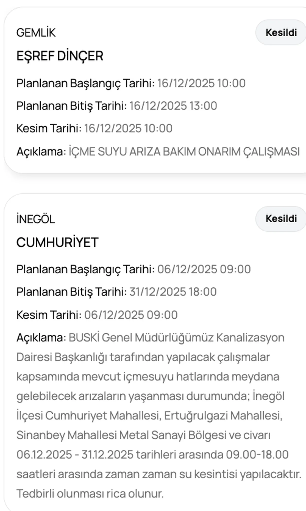 BUSKİ su kesintisi listesi! 16-17 Aralık Bursada sular ne zaman gelecek?