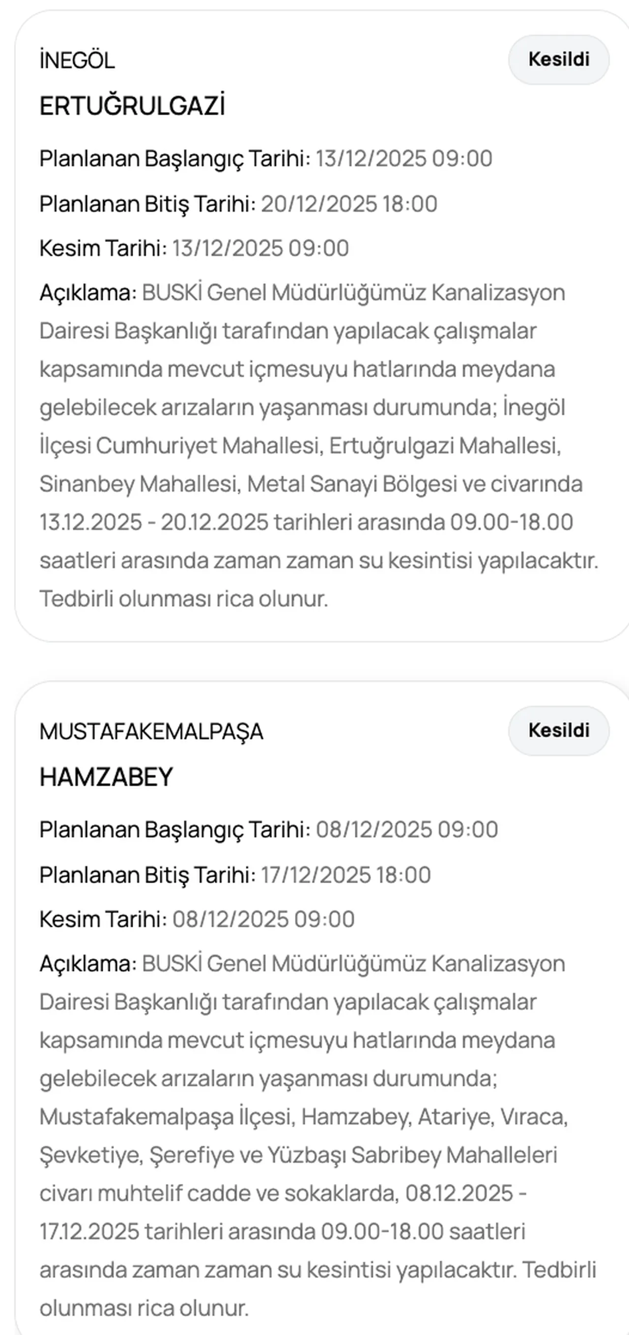 BUSKİ su kesintisi listesi! 16-17 Aralık Bursada sular ne zaman gelecek?