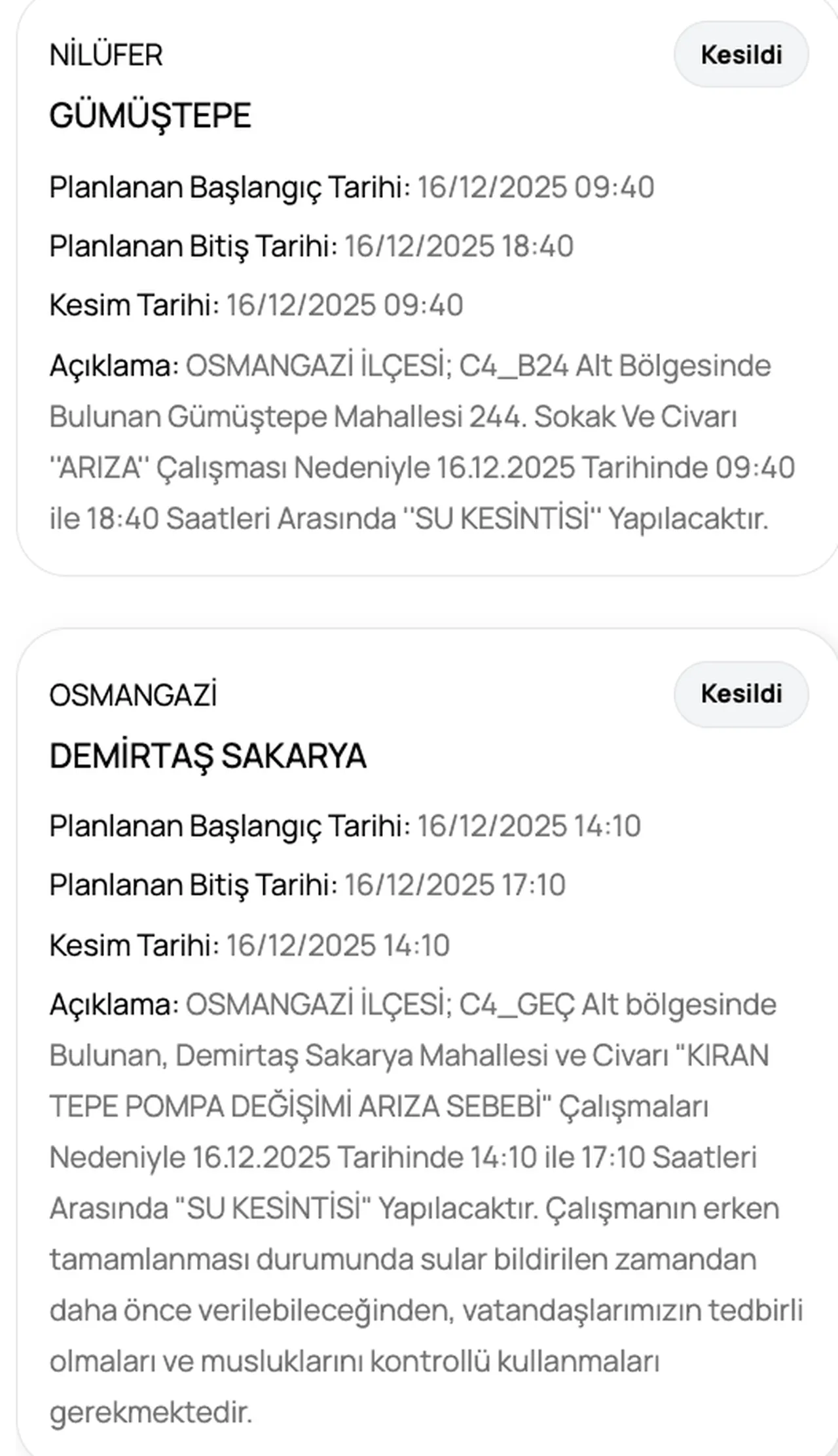 BUSKİ su kesintisi listesi! 16-17 Aralık Bursada sular ne zaman gelecek?