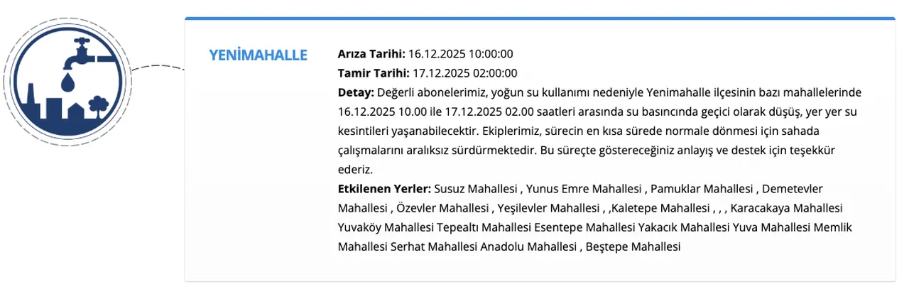 ASKİ su kesintisi 17 Aralık... Ankara Yenimahalle, Etimesgut ve Pursaklarda sular ne zaman, saat kaçta gelecek?