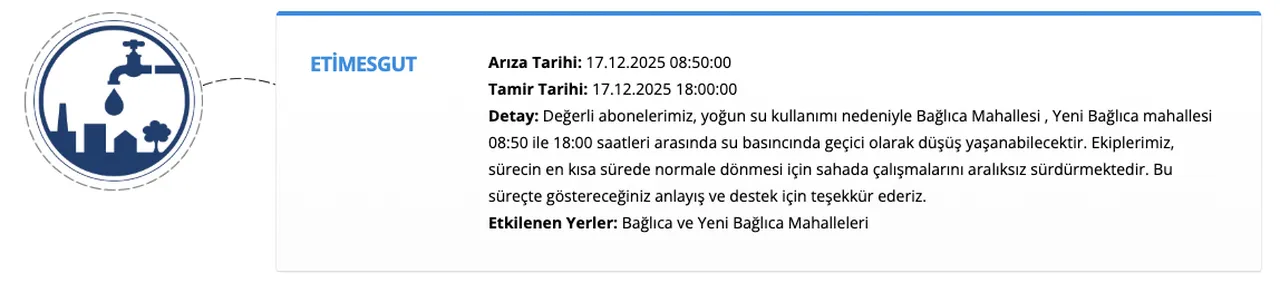 ASKİ su kesintisi 17 Aralık... Ankara Yenimahalle, Etimesgut ve Pursaklarda sular ne zaman, saat kaçta gelecek?