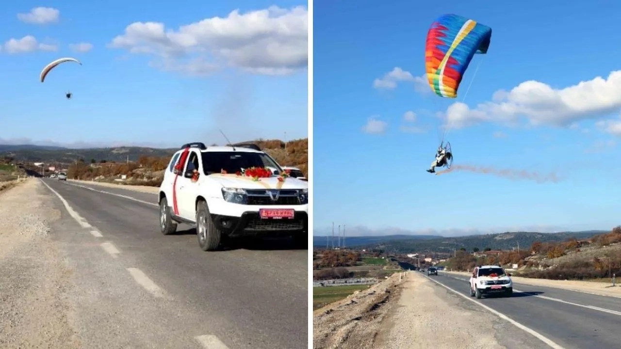 Damadın arkadaşlarından ilginç hamle! Paramotorla gelin arabasının önünü kestiler