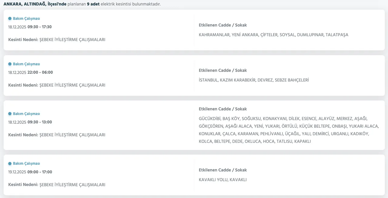 Ankaranın 25 ilçesinde elektrik kesintisi yaşanacak! 18-20 Aralık Ankarada elektrikler ne zaman gelecek?