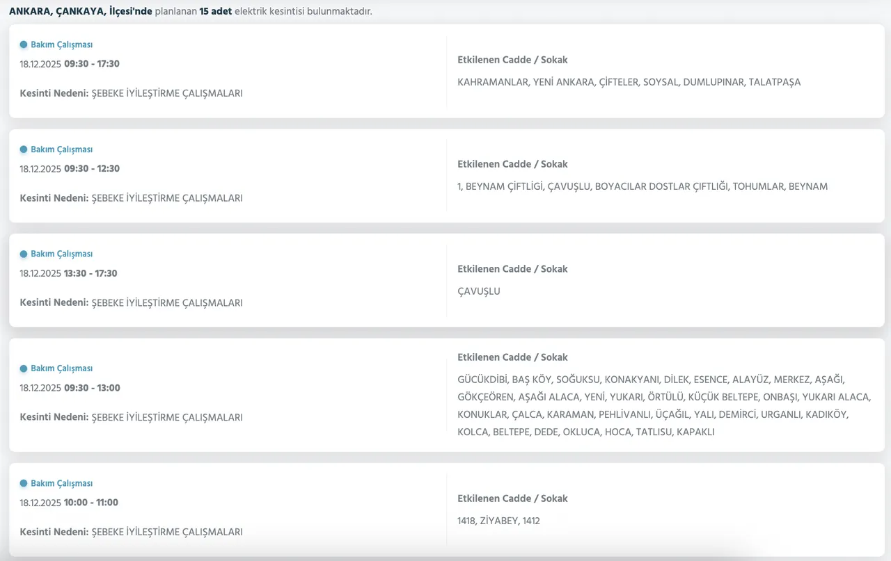 Ankaranın 25 ilçesinde elektrik kesintisi yaşanacak! 18-20 Aralık Ankarada elektrikler ne zaman gelecek?