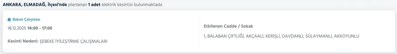 Ankaranın 25 ilçesinde elektrik kesintisi yaşanacak! 18-20 Aralık Ankarada elektrikler ne zaman gelecek?
