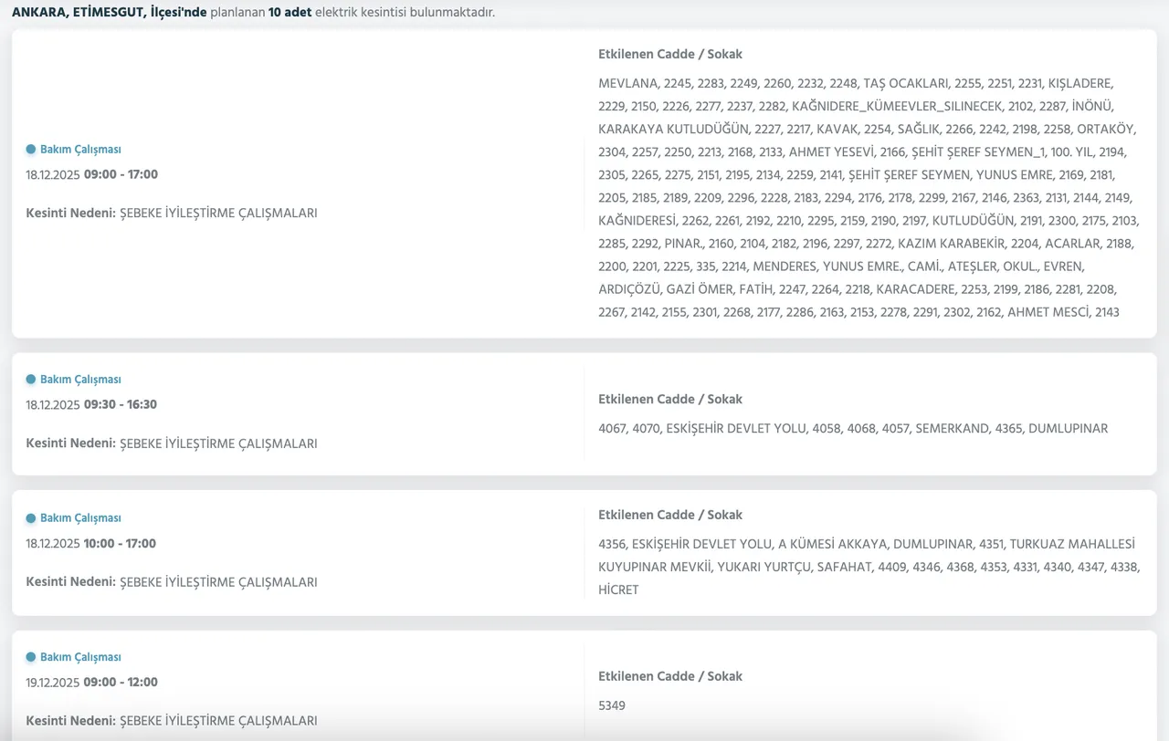 Ankaranın 25 ilçesinde elektrik kesintisi yaşanacak! 18-20 Aralık Ankarada elektrikler ne zaman gelecek?