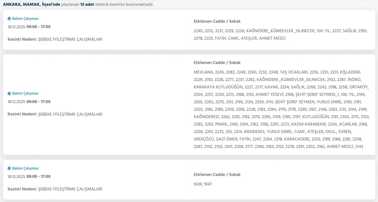 Ankaranın 25 ilçesinde elektrik kesintisi yaşanacak! 18-20 Aralık Ankarada elektrikler ne zaman gelecek?
