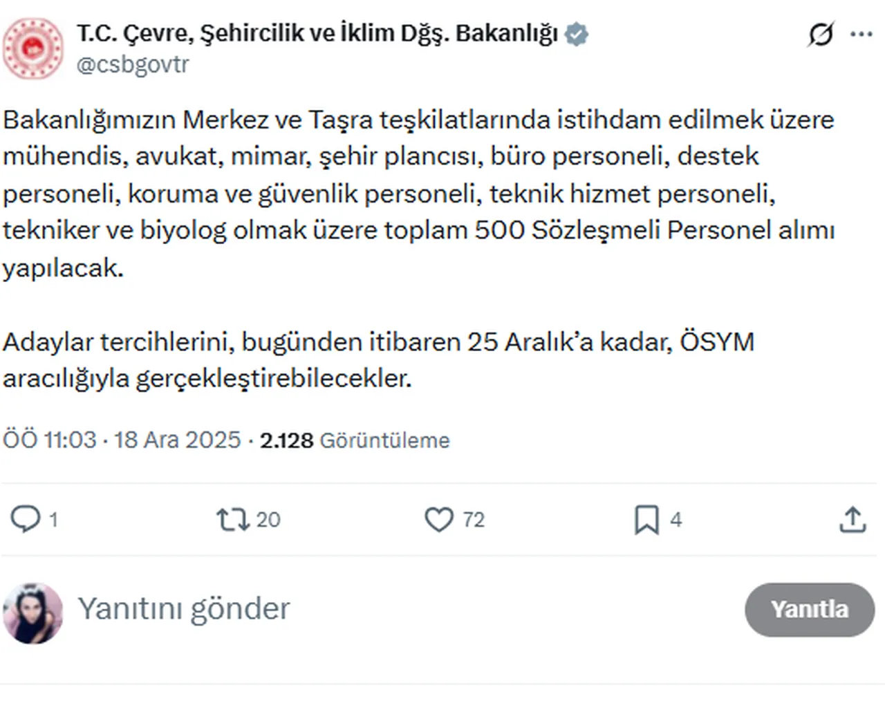 Çevre, Şehircilik ve İklim Değişikliği Bakanlığı personel alımı ilanı: Başvuru tarihleri açıklandı