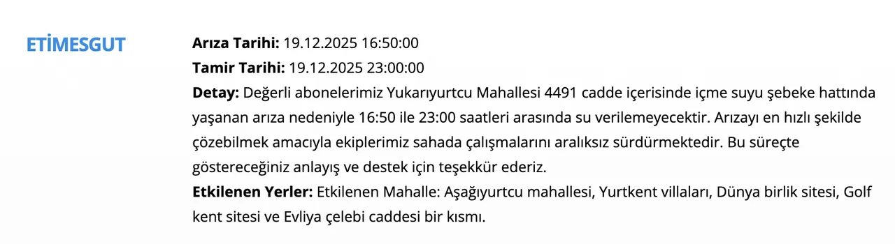 19- 20 Aralık ASKİ su kesintisi! Ankarada su kesintisi ne zaman bitecek? Yenimahalle, Mamak, Polatlı....