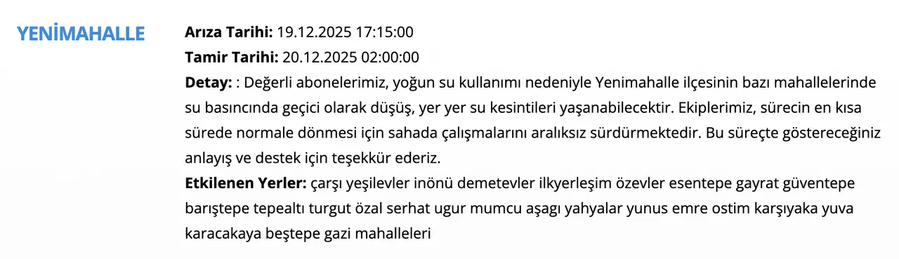 19- 20 Aralık ASKİ su kesintisi! Ankarada su kesintisi ne zaman bitecek? Yenimahalle, Mamak, Polatlı....