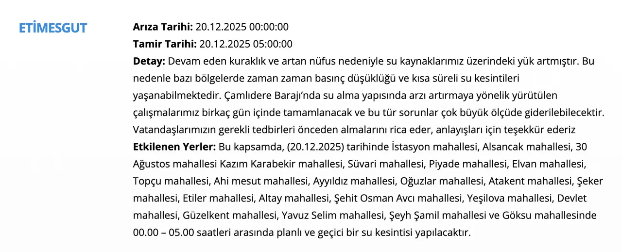 19- 20 Aralık ASKİ su kesintisi! Ankarada su kesintisi ne zaman bitecek? Yenimahalle, Mamak, Polatlı....