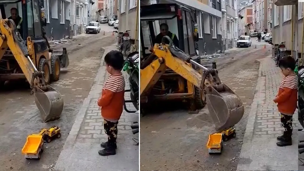 İş makinesi operatöründen 5 yaşındaki Mustafa'ya jest! Bu görüntü yürekleri ısıttı