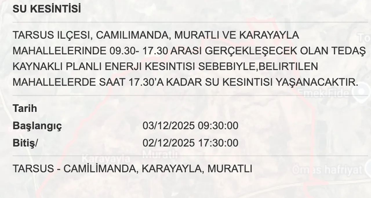 1 Aralık MESKİ su kesintisi listesini paylaştı! Mersinde sular ne zaman gelecek, saat kaçta?