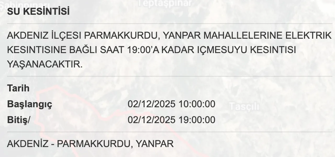 1 Aralık MESKİ su kesintisi listesini paylaştı! Mersinde sular ne zaman gelecek, saat kaçta?