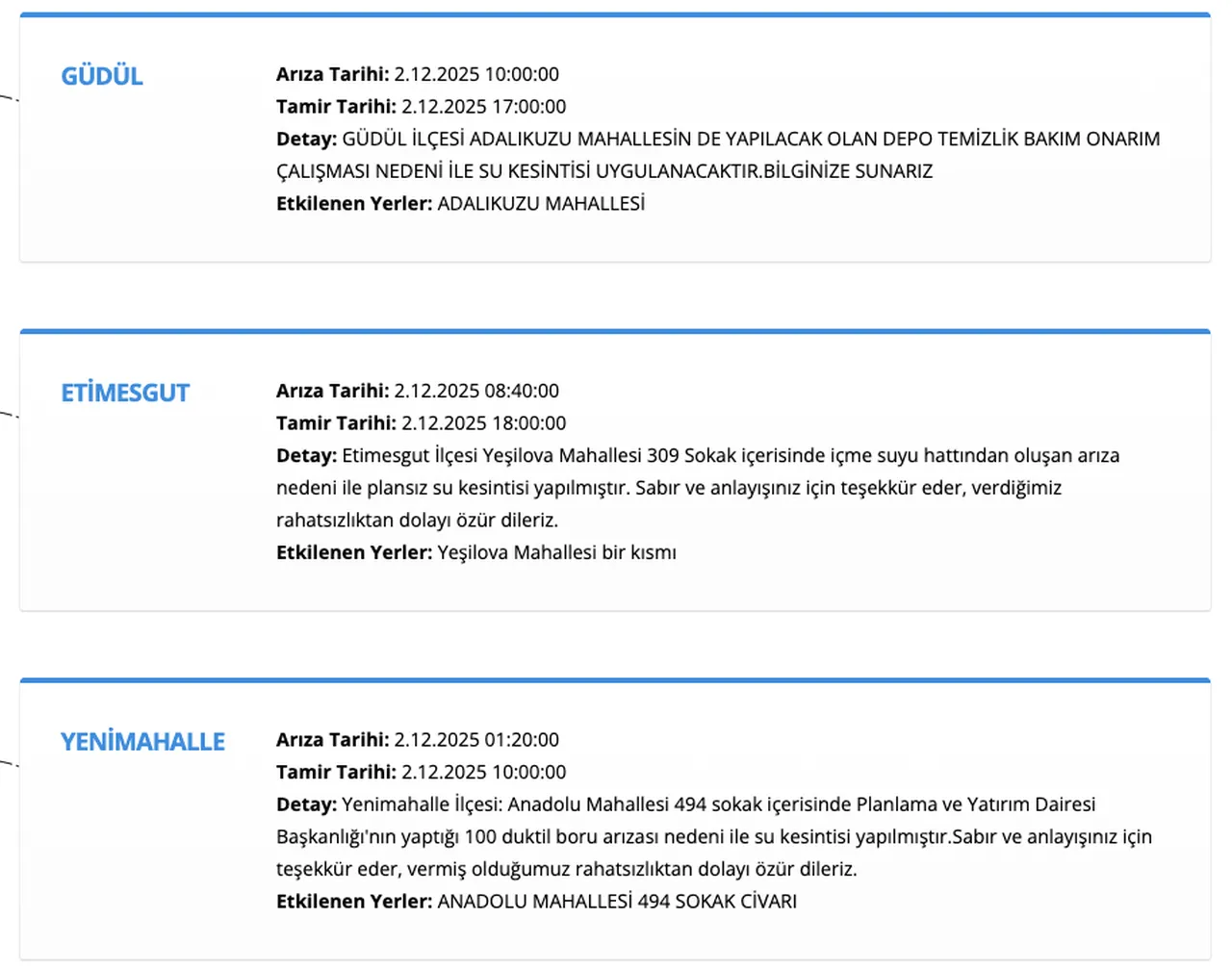 ASKİ su kesintisi 2 Aralık listesi! Ankara su kesintisi ne zaman bitecek, sular ne zaman gelecek?