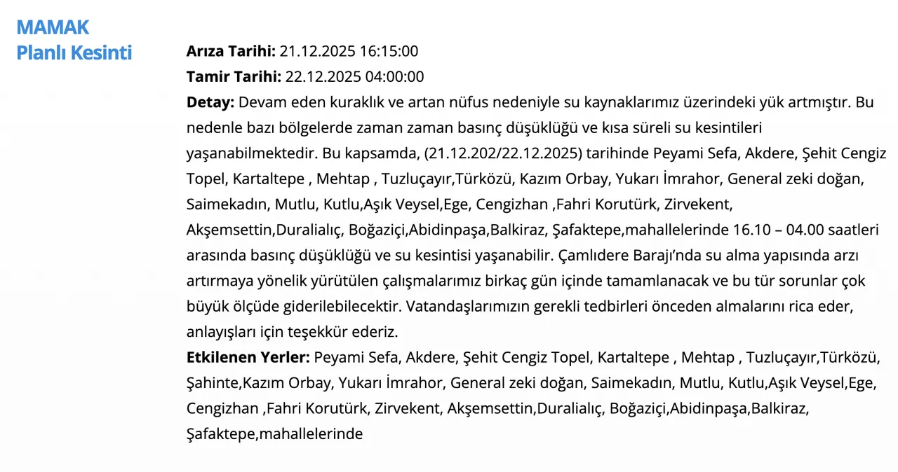 ASKİ su kesintisi sorgulama ekranı: 22 Aralık Ankarada sular ne zaman gelecek? (Mamak, Sincan, Beypazarı?