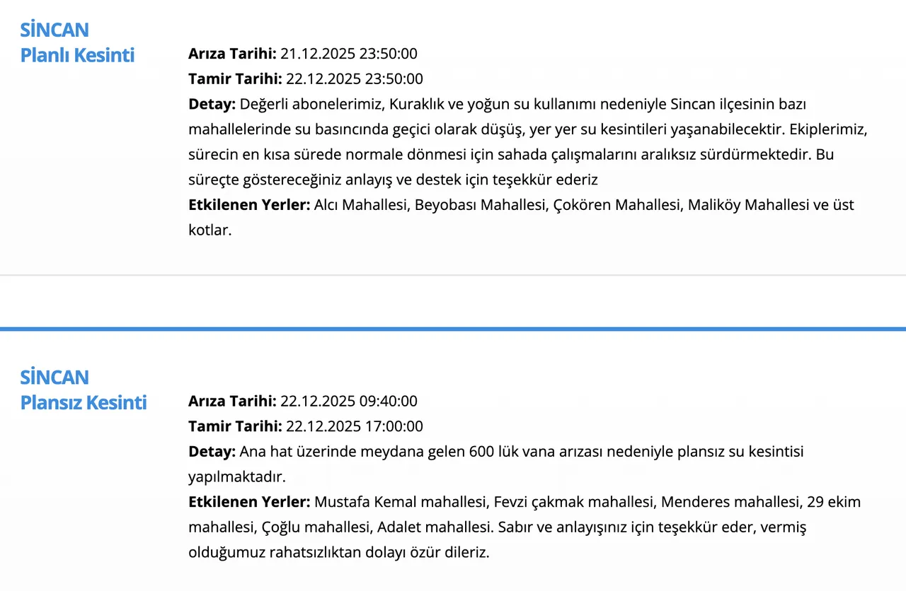 ASKİ su kesintisi sorgulama ekranı: 22 Aralık Ankarada sular ne zaman gelecek? (Mamak, Sincan, Beypazarı?