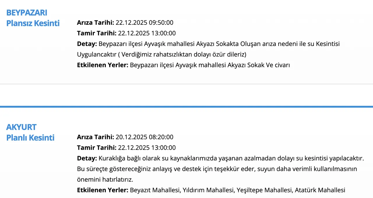 ASKİ su kesintisi sorgulama ekranı: 22 Aralık Ankarada sular ne zaman gelecek? (Mamak, Sincan, Beypazarı?