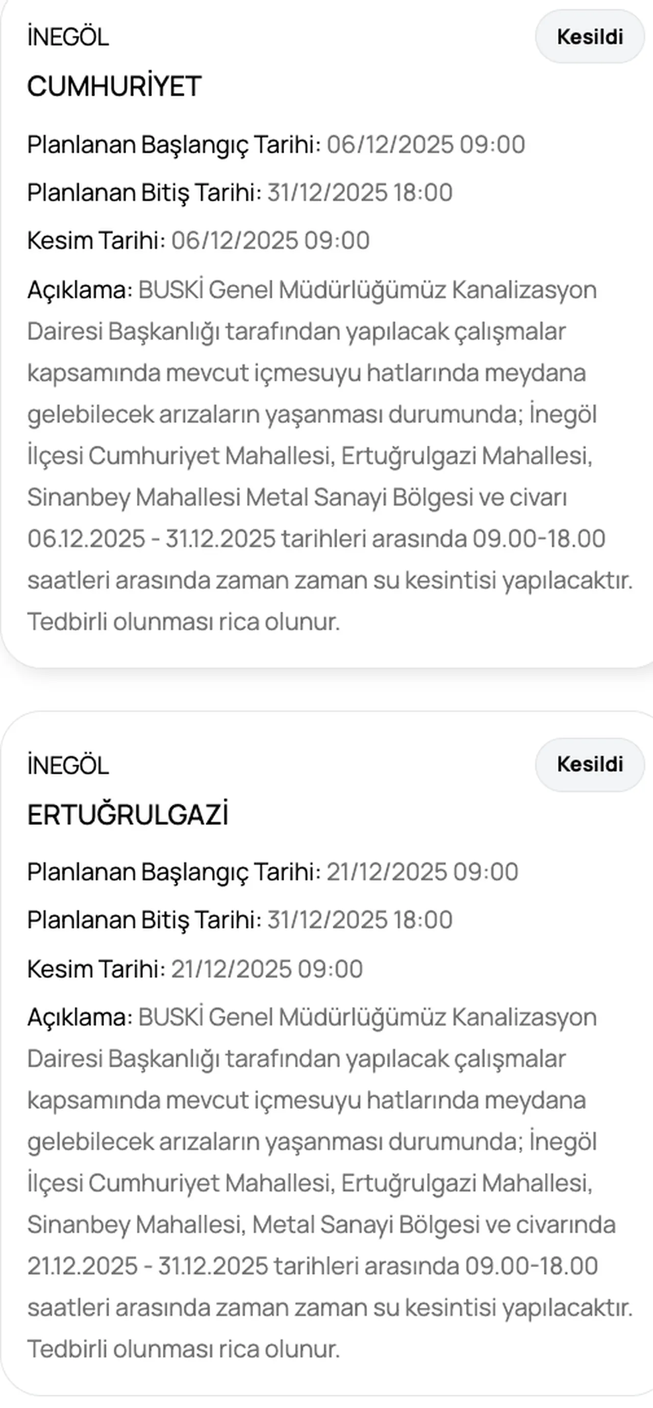 BUSKİ güncel su kesinti programı! 22 Aralık Bursada sular ne zaman gelecek? ( İnegöl, Osmangazi, Yıldırım)