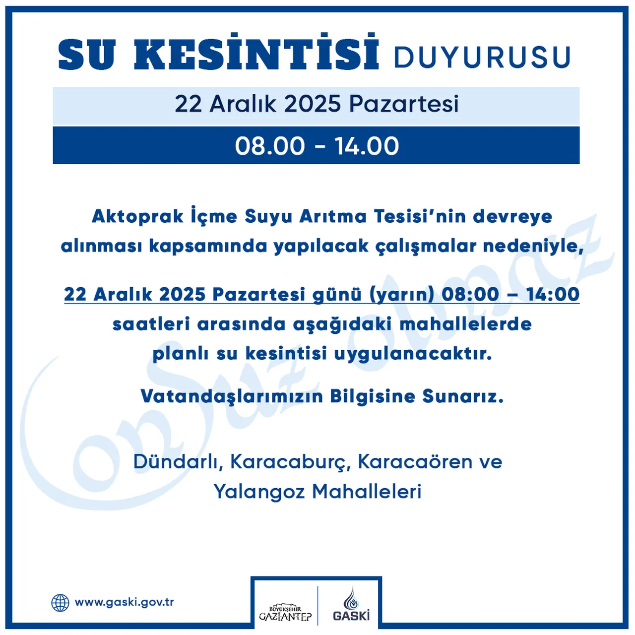 GASKİ’den su kesintisi açıklaması geldi! Gaziantepte sular ne zaman gelecek?