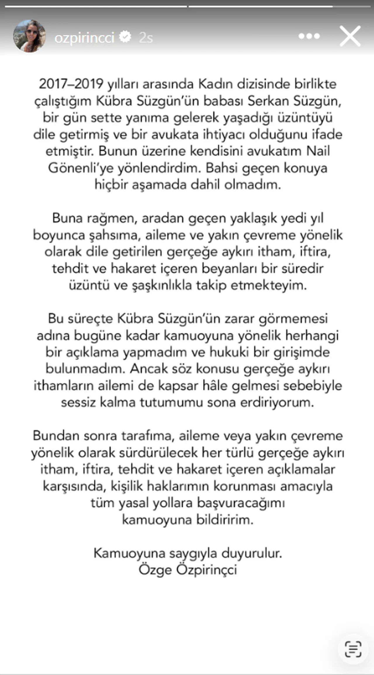 Kadın dizisinin Nisan’ı Kübra Süzgün’ün iddiaları ardından Özge Özpirinçci sessizliğini bozdu