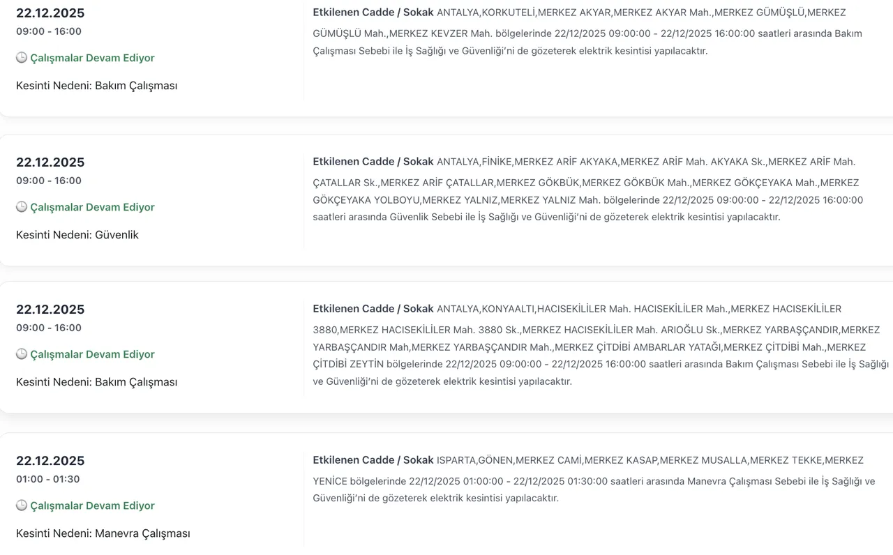 Son dakika Antalya elektrik kesintisi!  22 Aralık Antalyada elektrikler ne zaman gelecek?