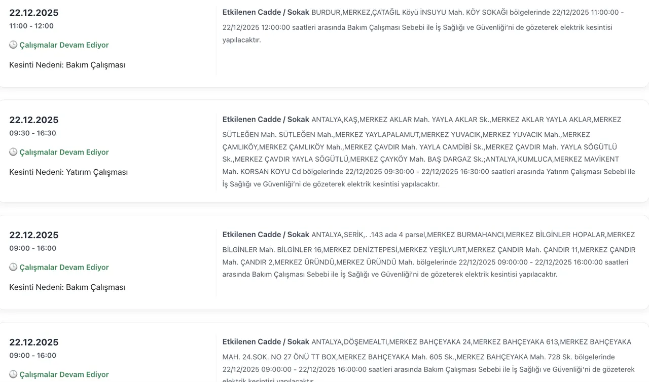 Son dakika Antalya elektrik kesintisi!  22 Aralık Antalyada elektrikler ne zaman gelecek?