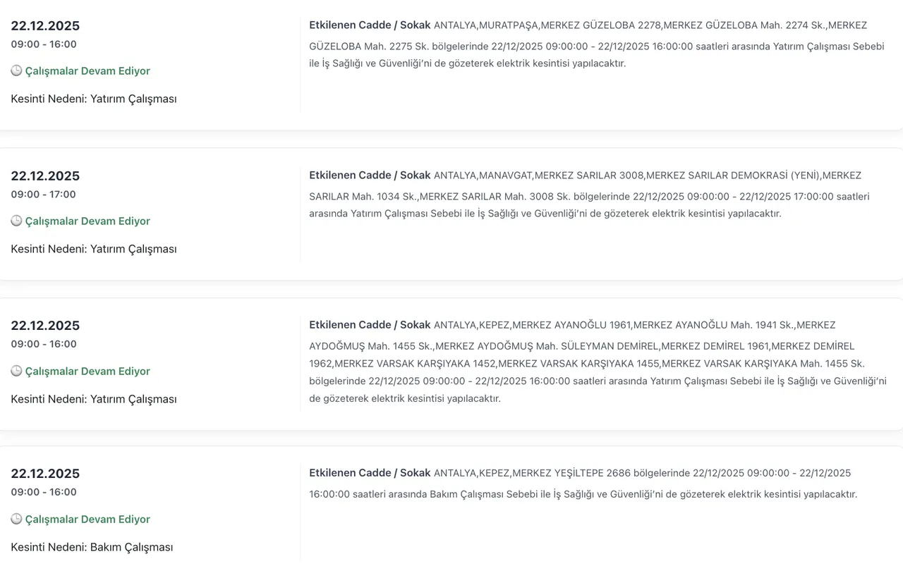 Son dakika Antalya elektrik kesintisi!  22 Aralık Antalyada elektrikler ne zaman gelecek?