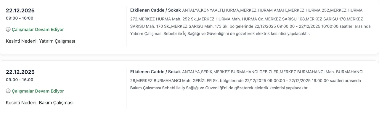 Son dakika Antalya elektrik kesintisi!  22 Aralık Antalyada elektrikler ne zaman gelecek?