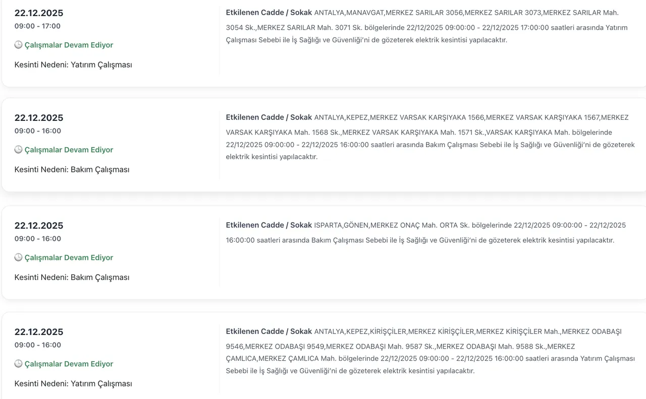 Son dakika Antalya elektrik kesintisi!  22 Aralık Antalyada elektrikler ne zaman gelecek?