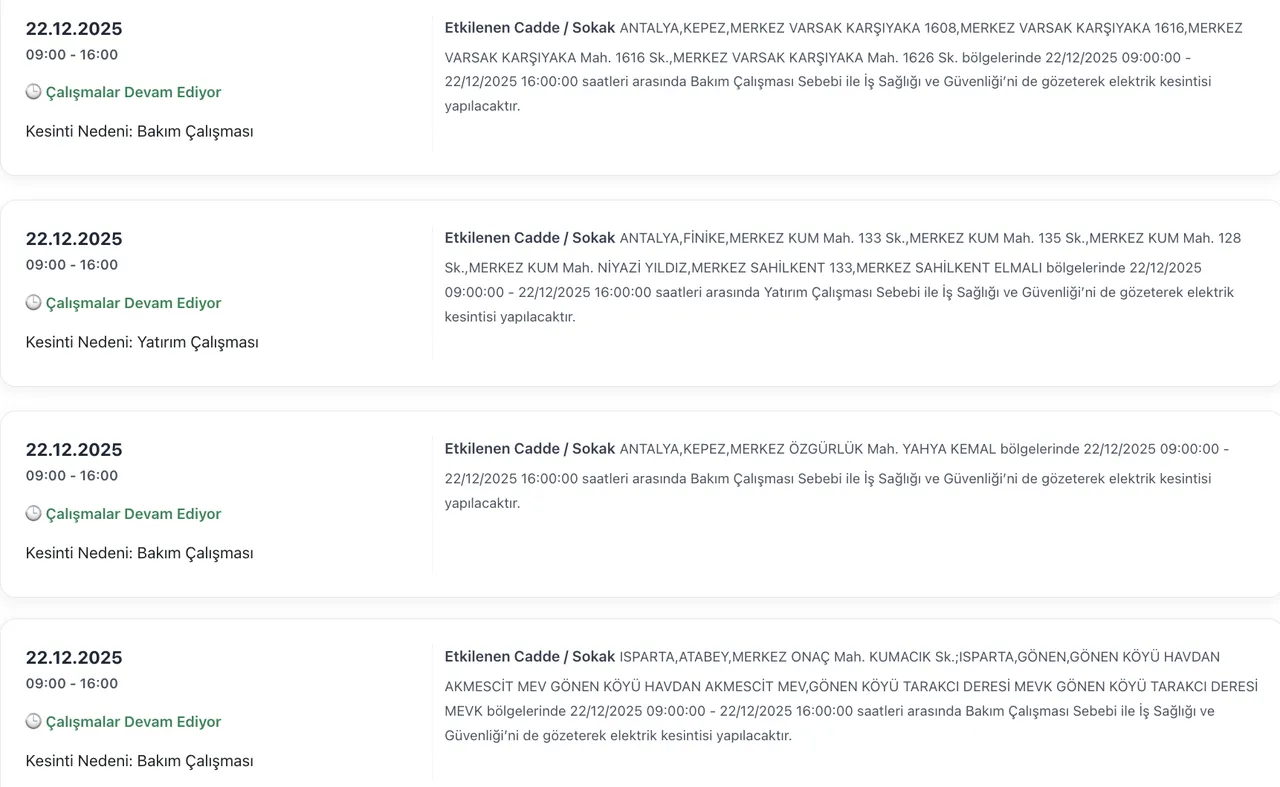 Son dakika Antalya elektrik kesintisi!  22 Aralık Antalyada elektrikler ne zaman gelecek?