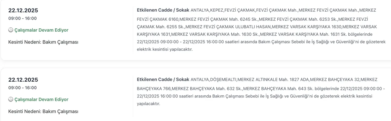 Son dakika Antalya elektrik kesintisi!  22 Aralık Antalyada elektrikler ne zaman gelecek?